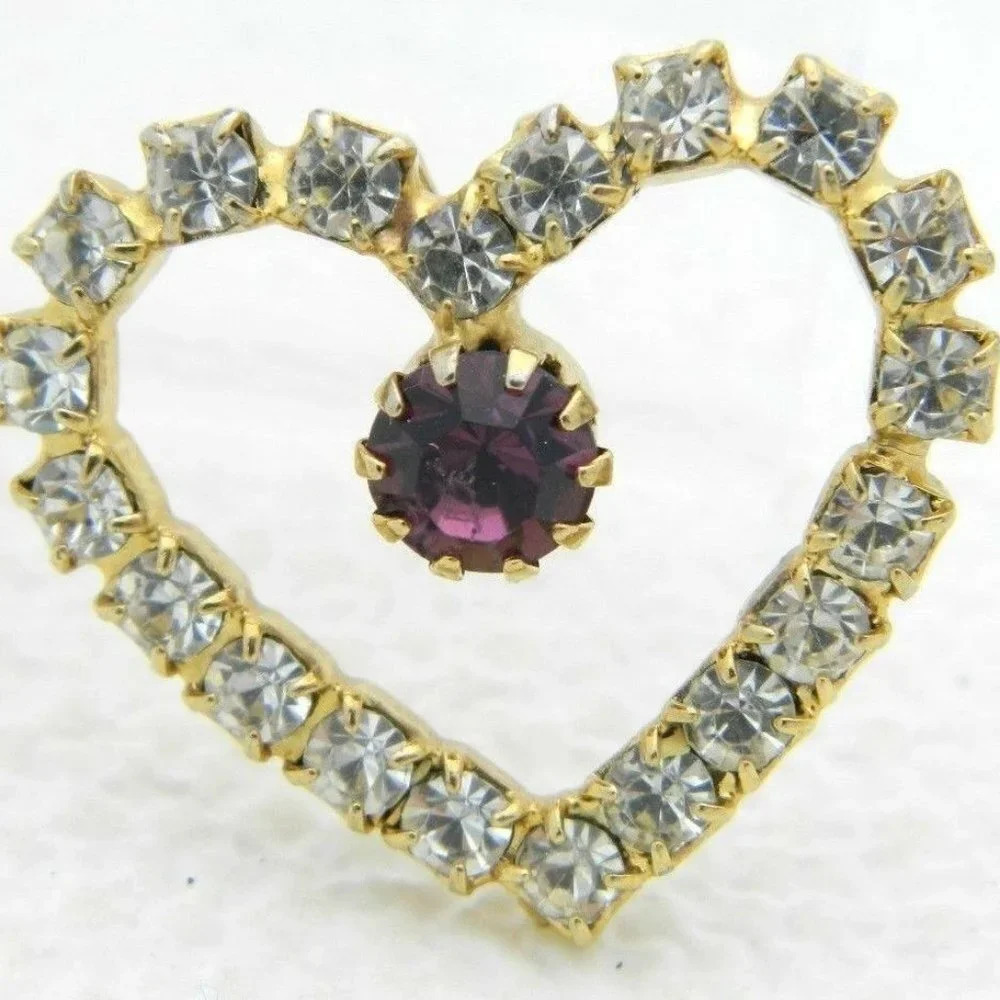 Gold Tone Clear Purple Rhinestone Heart Pendant